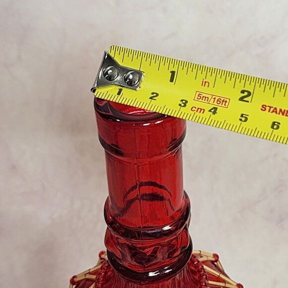 Vtg Red 12.75" Tall Glass Bottle w Hand Beaded Detailing - Picture 5 of 10
